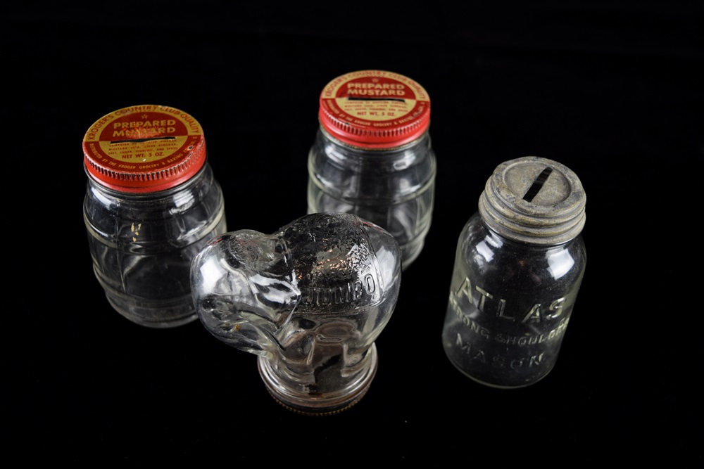 A Darling Antique "Jumbo" Peanut Butter Jar Bank Plus Others