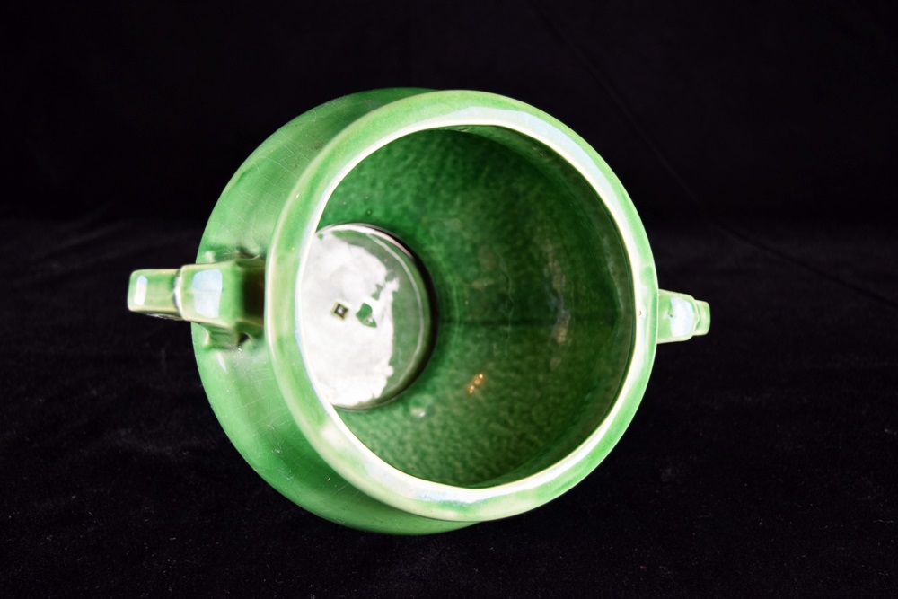 A McCoy Jardiniere with Scrolled Handles in Deep Green Glaze 