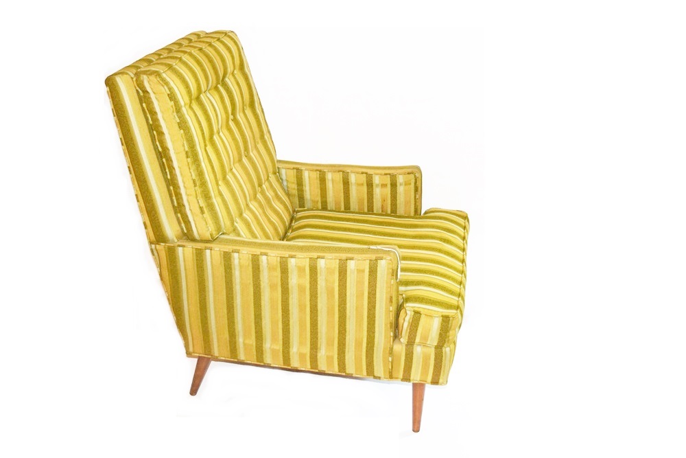 A Mid-Century Squared Lounge Chair in Green Striped Fabric