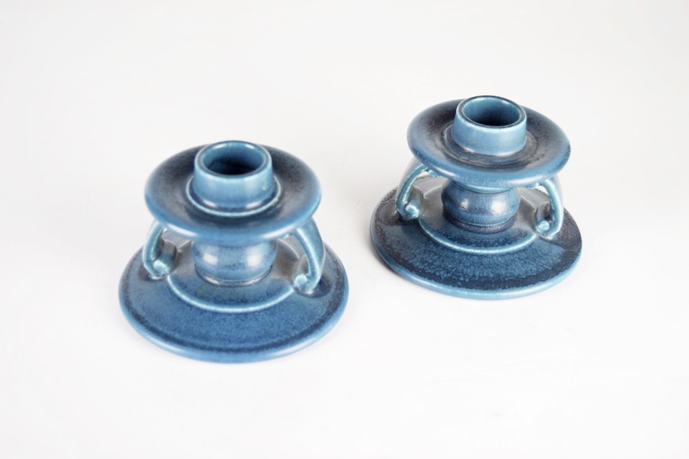A Pair of Rookwood Candlesticks, Mold # 2981, in Deep Blue Glaze