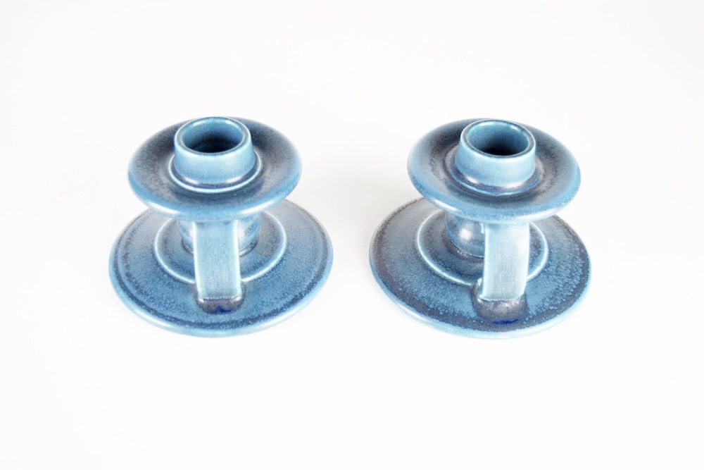 A Pair of Rookwood Candlesticks, Mold # 2981, in Deep Blue Glaze