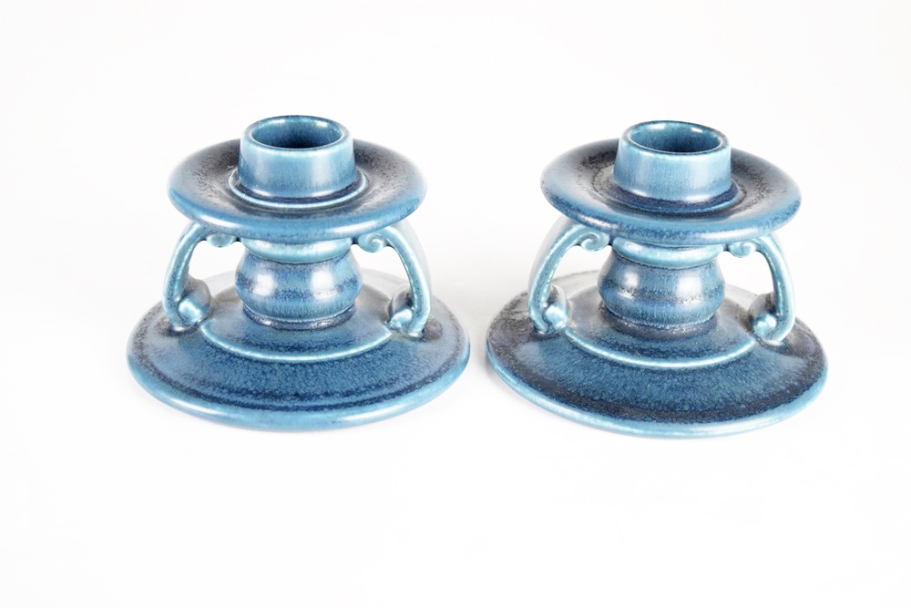 A Pair of Rookwood Candlesticks, Mold # 2981, in Deep Blue Glaze