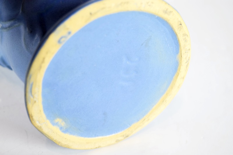 Roseville Vase, Tall Blue Vase and Round Wooden Box with Inlay