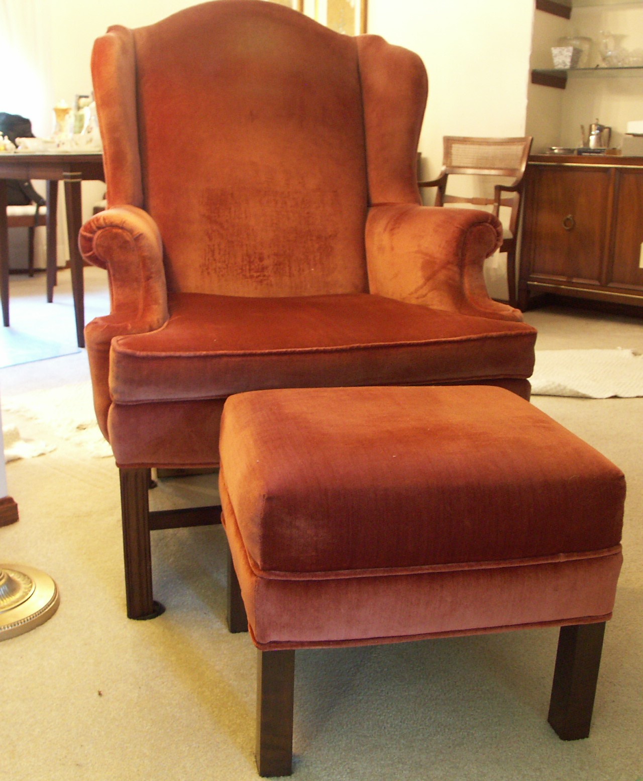 Mid-20th Century Rust Wingback Chair and Ottoman