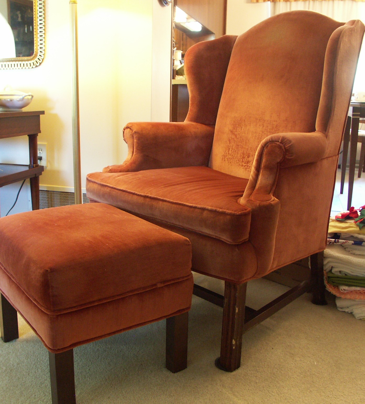 Mid-20th Century Rust Wingback Chair and Ottoman