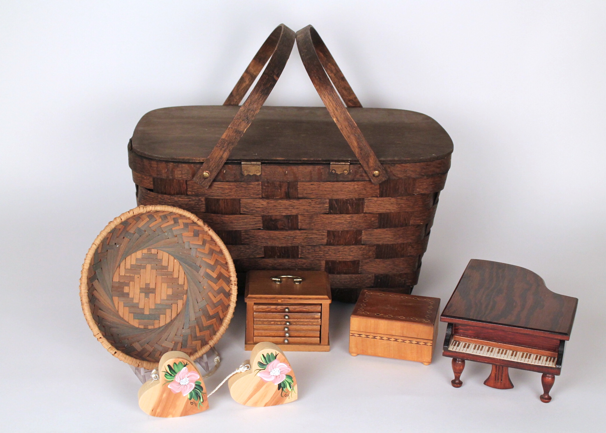 Vintage Woven Wood Picnic Basket and Wooden Decorative Items  