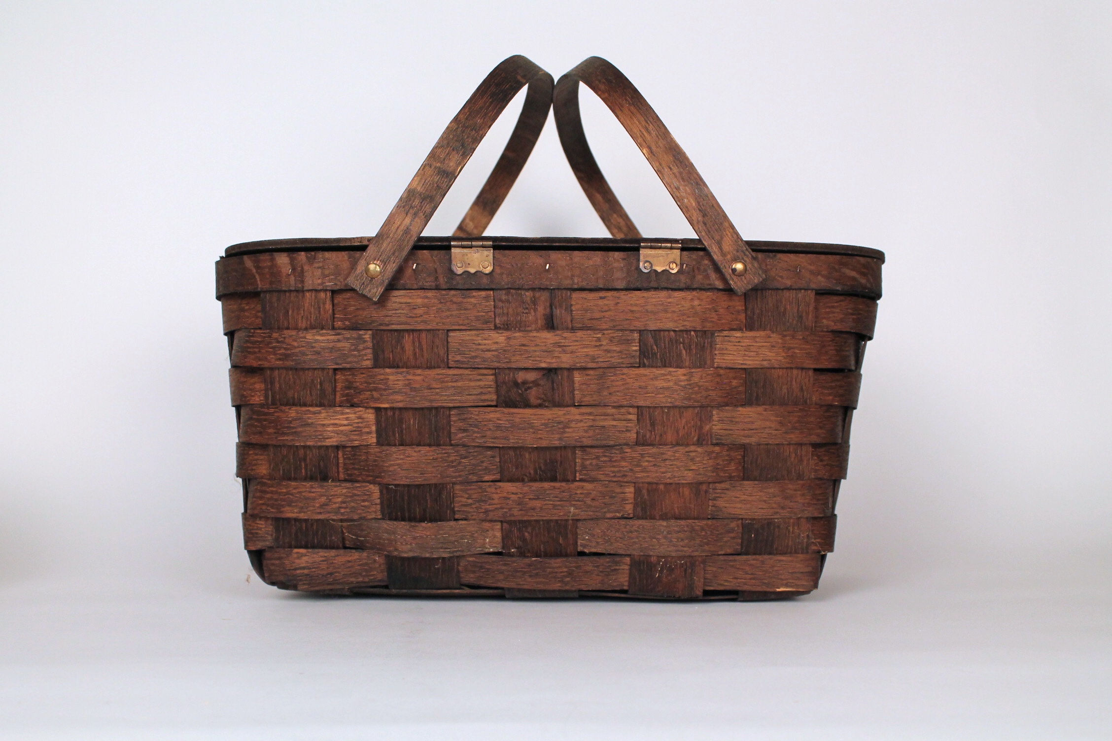 Vintage Woven Wood Picnic Basket and Wooden Decorative Items  