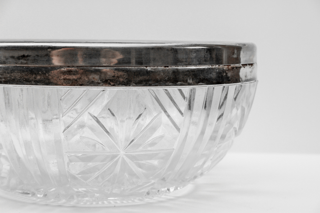 Vintage Clear Cut Glass Bowl with Silver-Plated Rim
