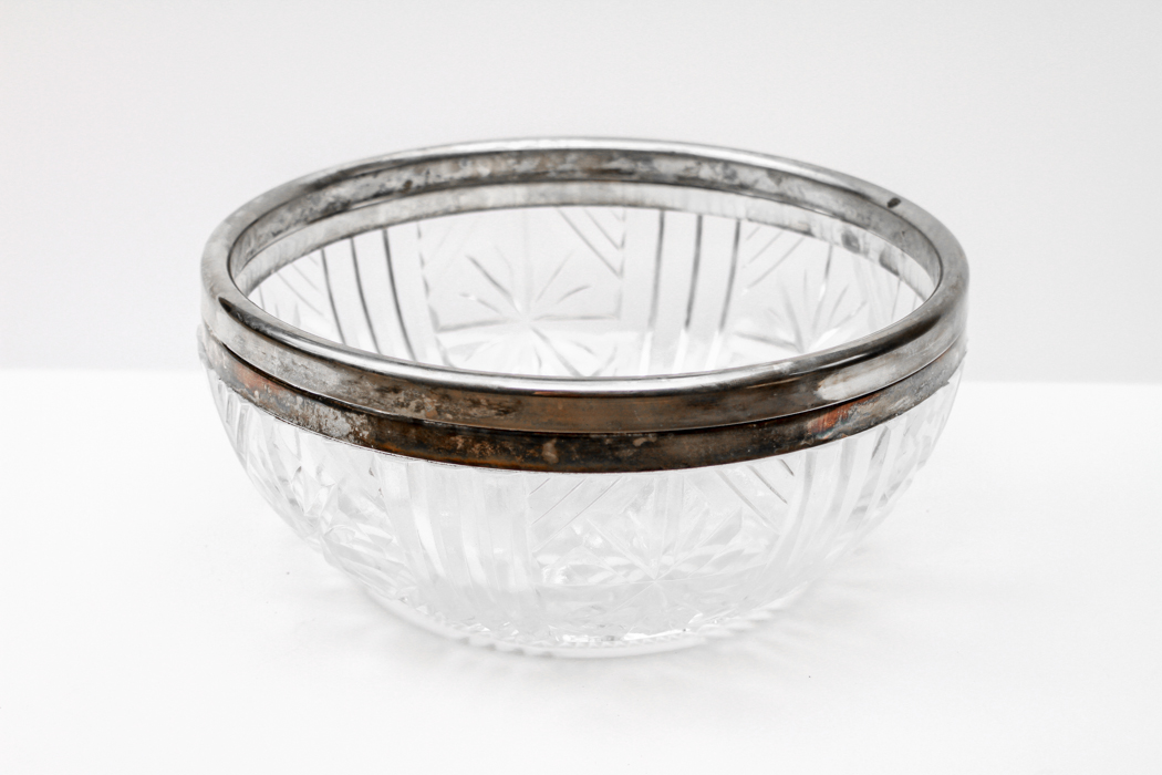 Vintage Clear Cut Glass Bowl with Silver-Plated Rim