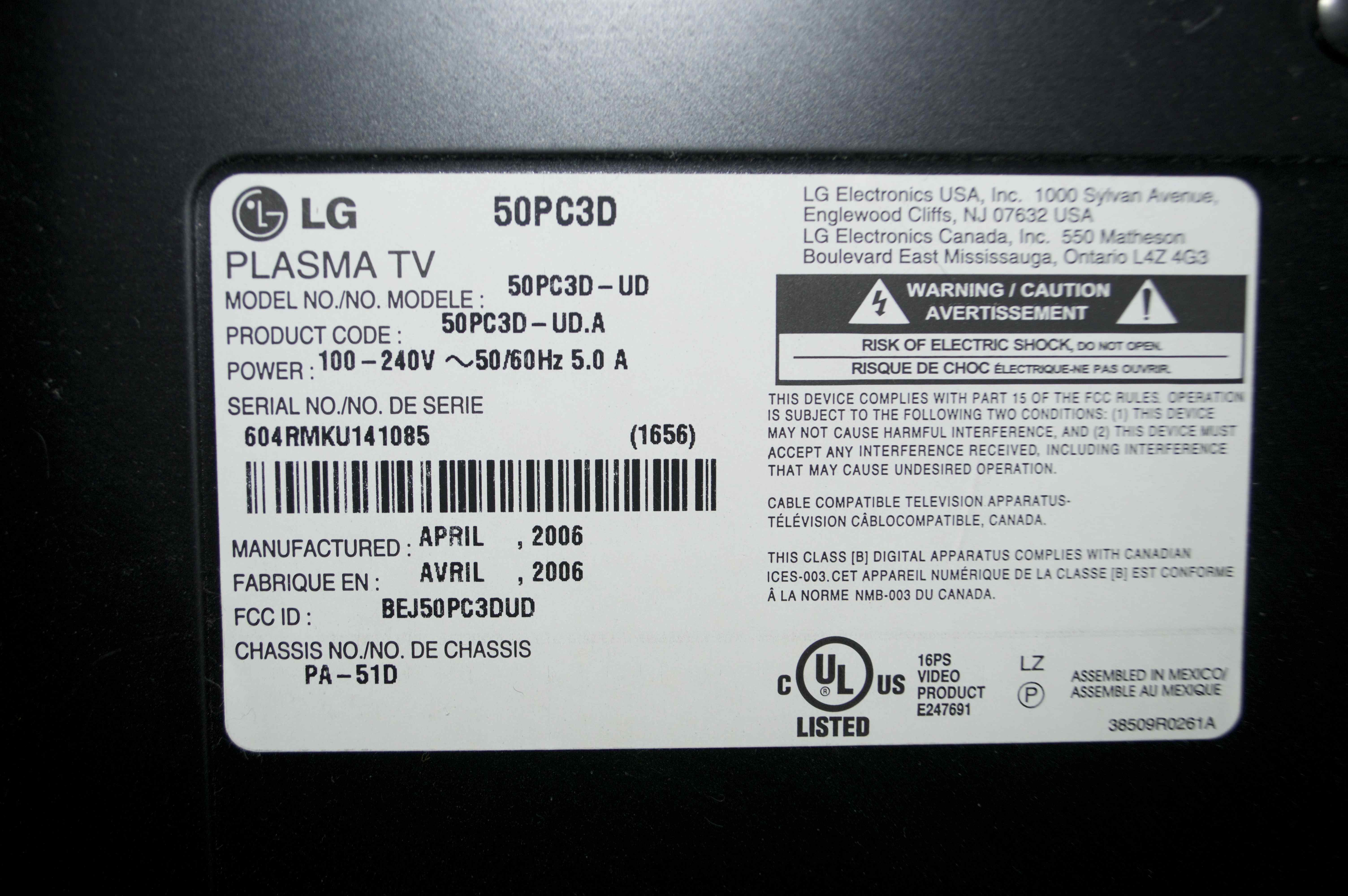 LG 50" Plasma TV #50PC3D
