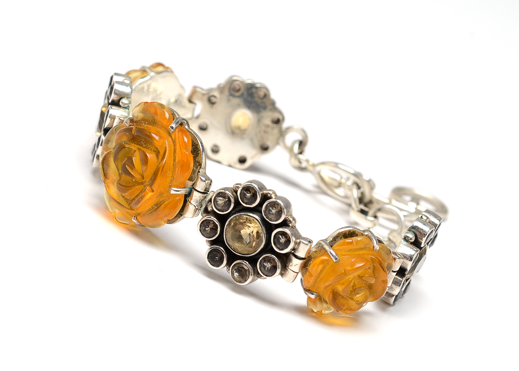 Smokey Quartz, Lemon Quartz and Carved Citrine Flower Bracelet