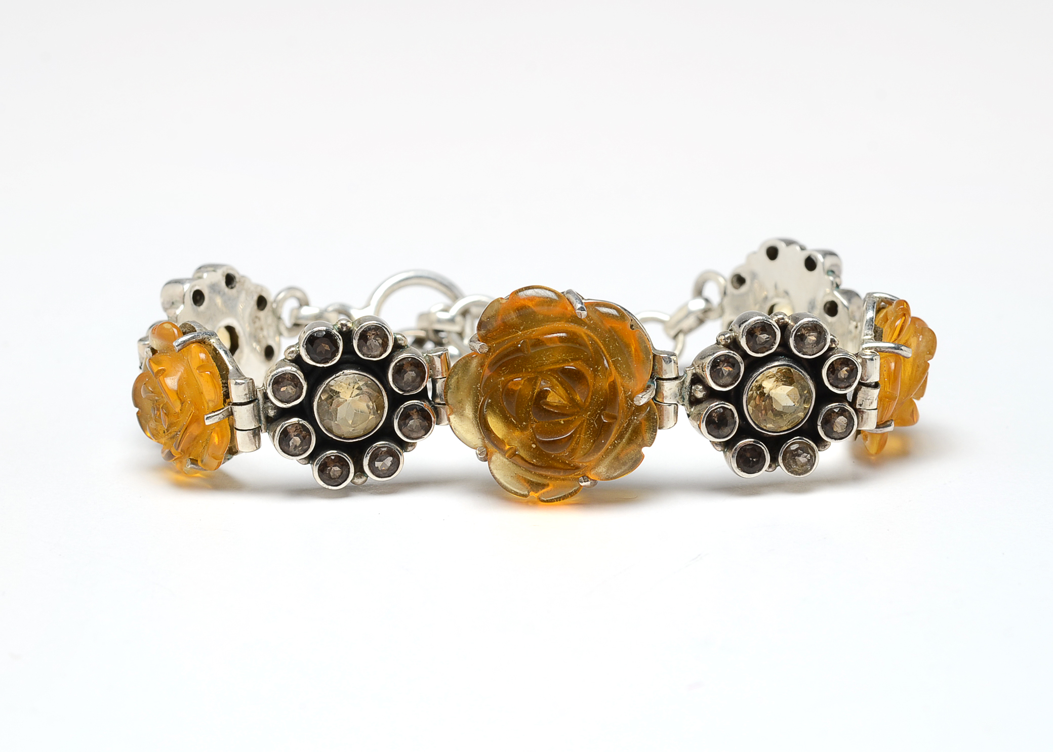 Smokey Quartz, Lemon Quartz and Carved Citrine Flower Bracelet