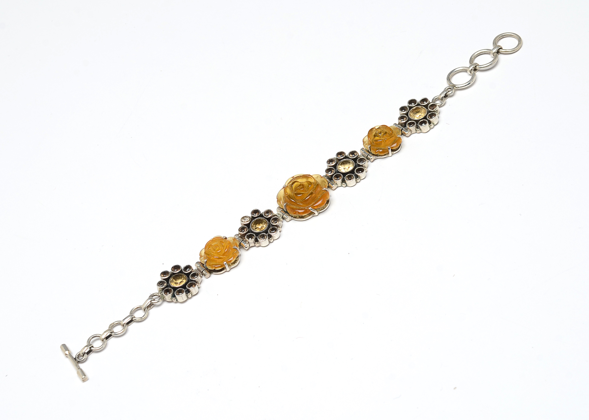 Smokey Quartz, Lemon Quartz and Carved Citrine Flower Bracelet