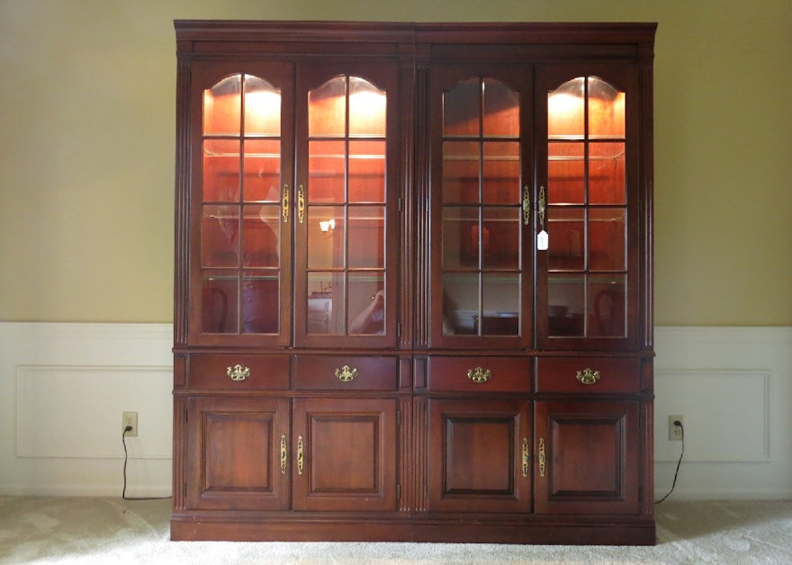 Mahogany Lighted China Cabinet with Glass Doors and Shelves