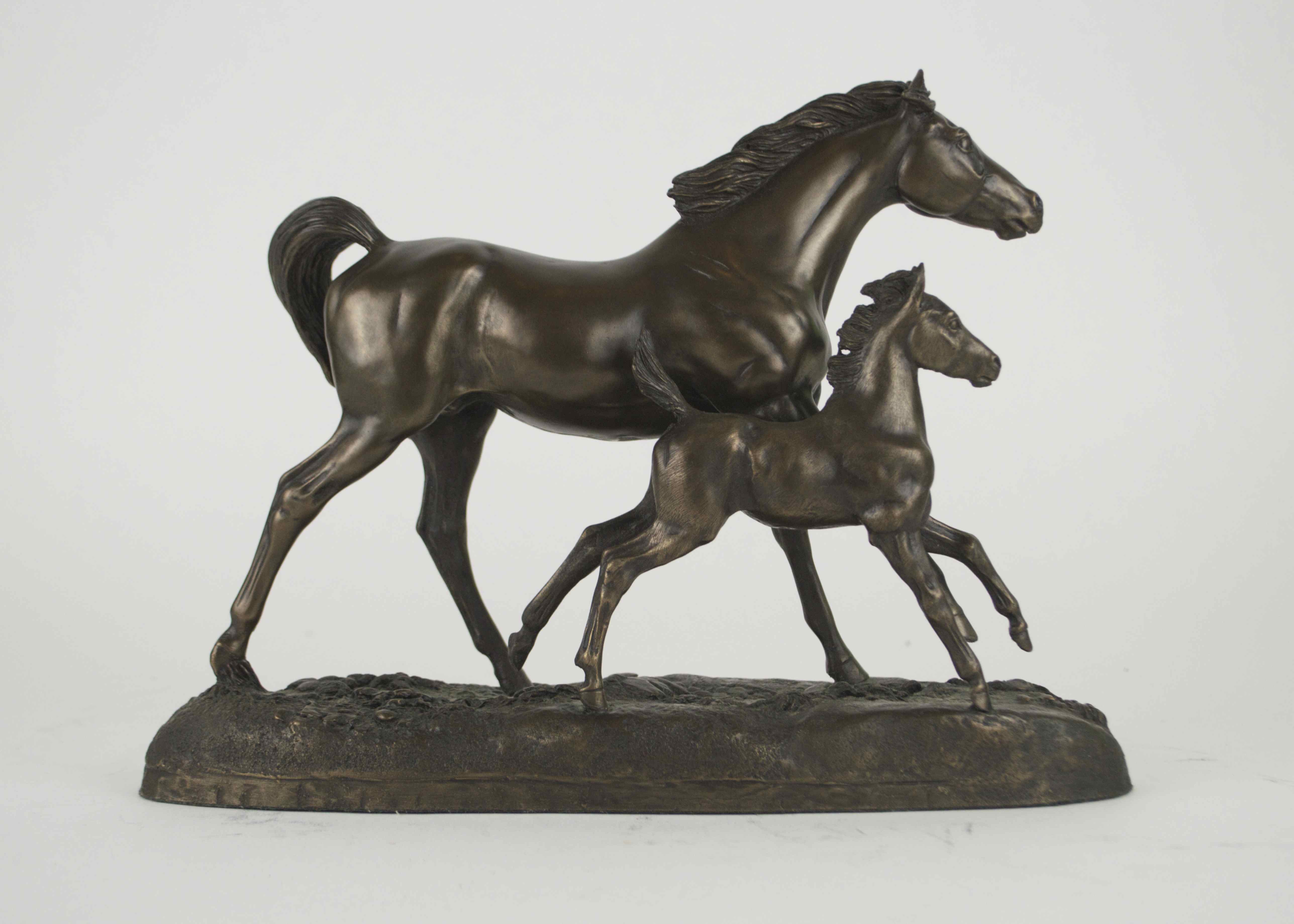 Mare And Foal Standing Bronzed Horses Sculpture By D. Geenty
