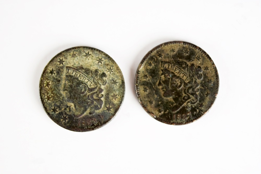 Liberty Head One Cent Coins, 1833 and 1837, Plus Foreign Currency