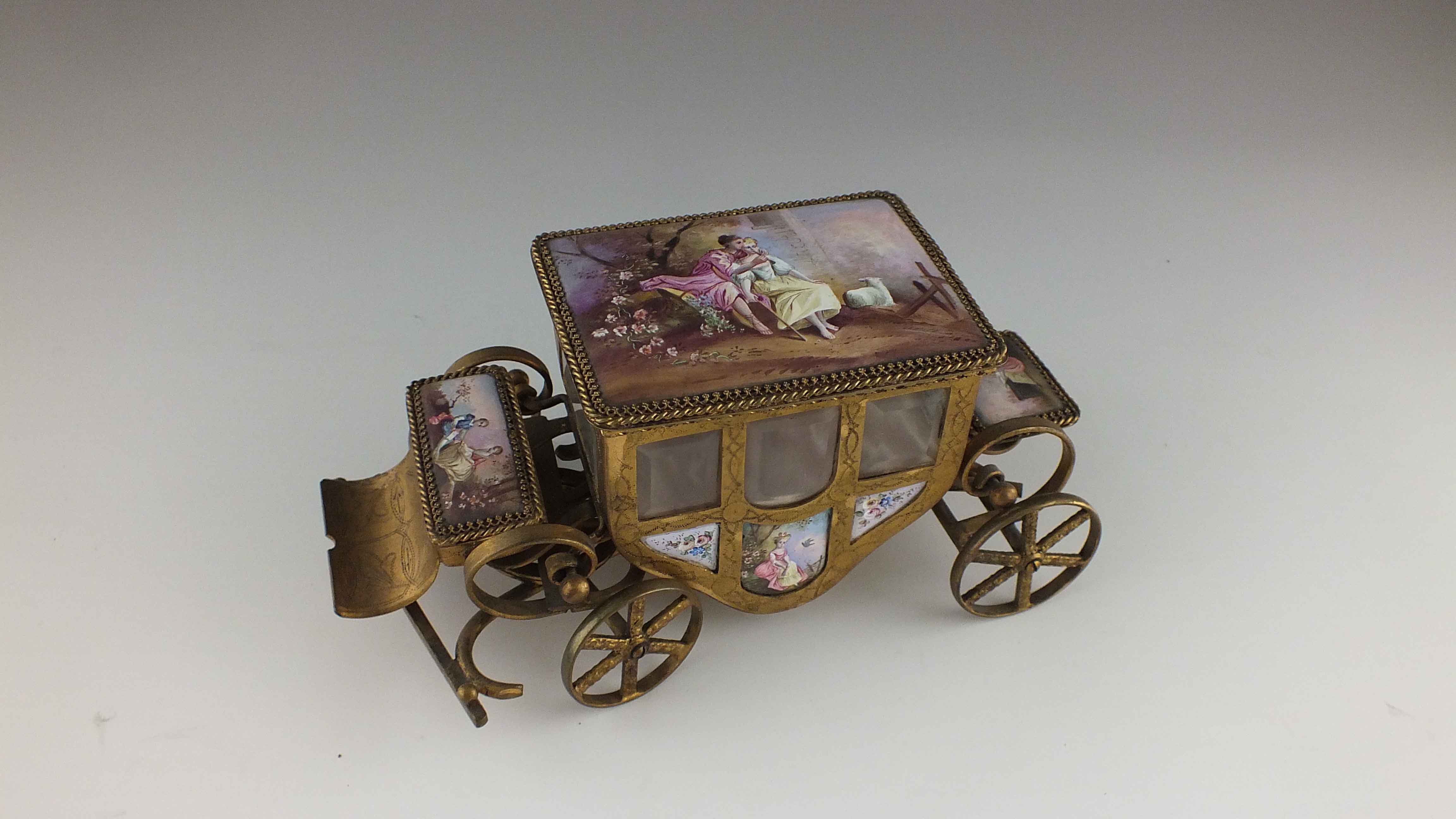 Antique Hand Painted Porcelain Carriage Jewelry Box