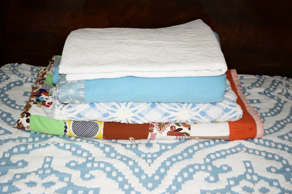 Vintage Chenille and Matelasse Bed Coverlets and a Blue Blanket