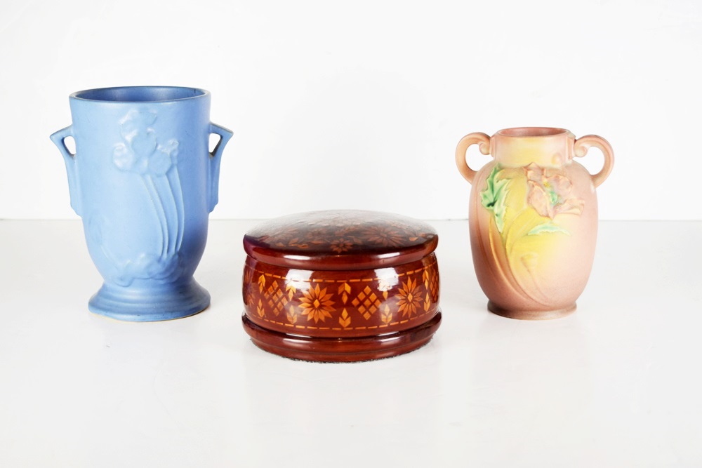 Roseville Vase, Tall Blue Vase and Round Wooden Box with Inlay
