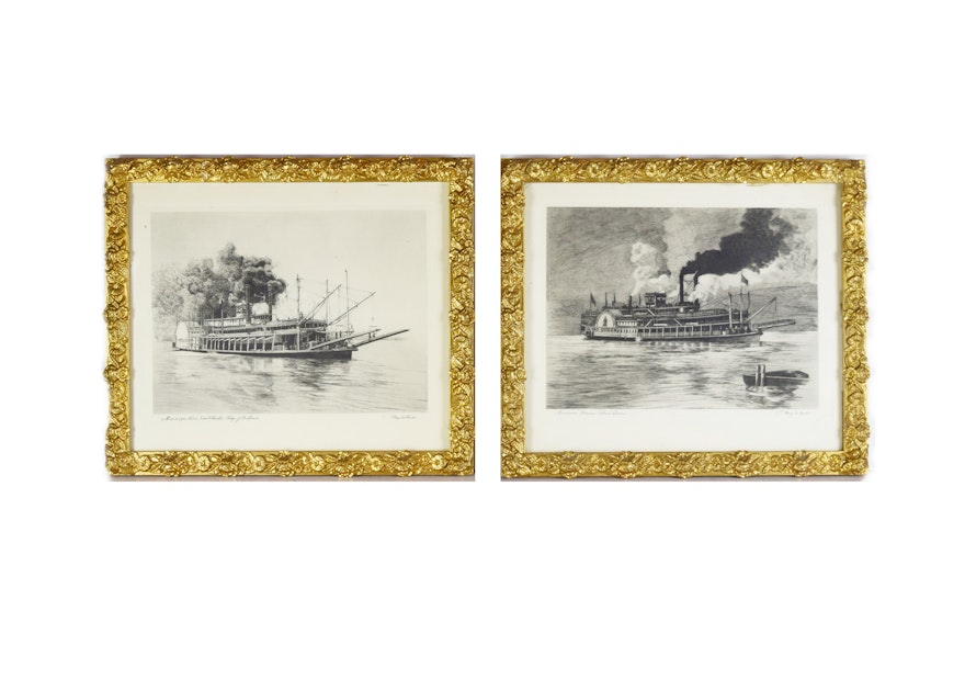 Two Black-and-White Etchings of Paddleboats by Menzo Van Esveldt