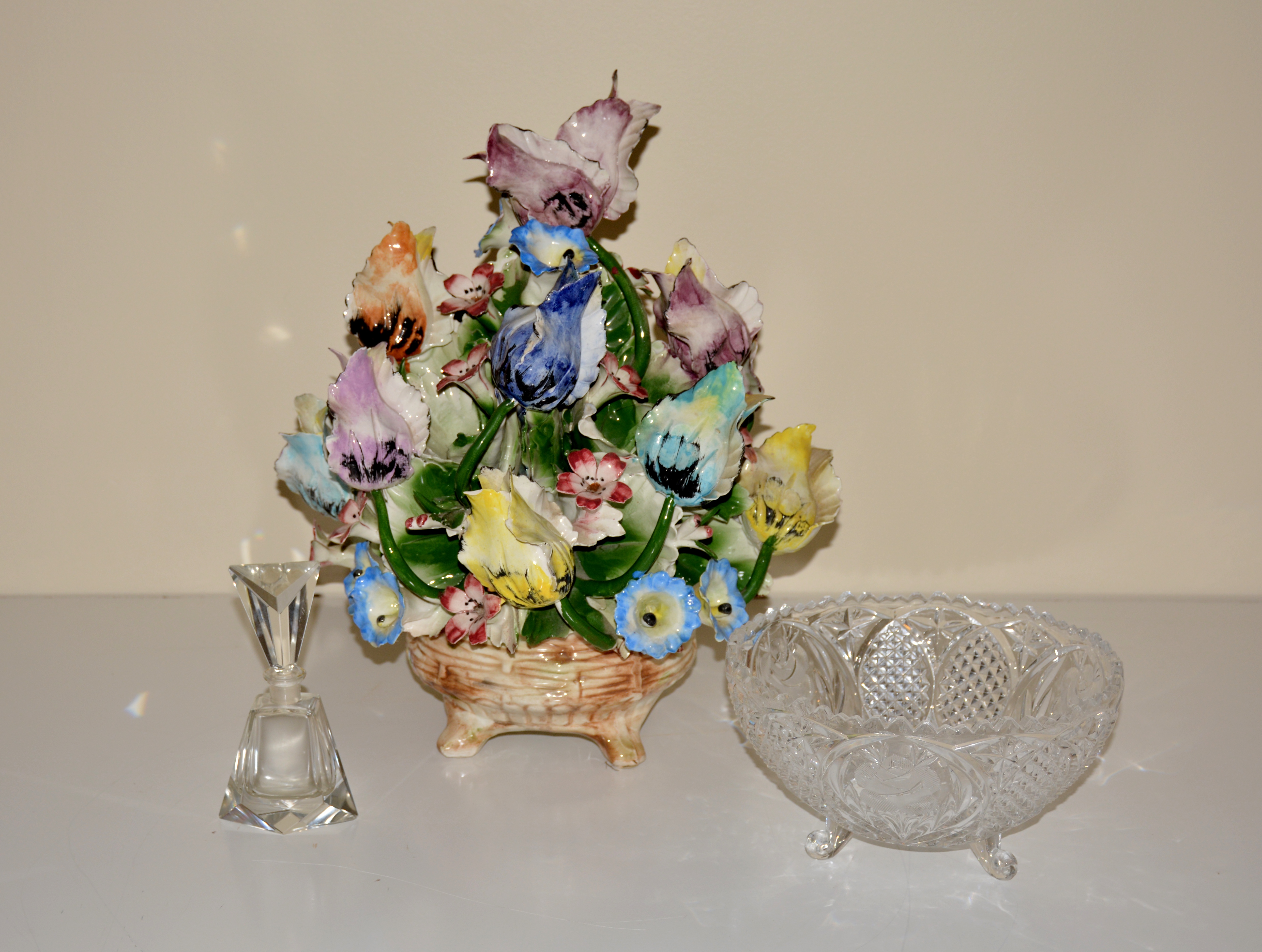 Large China Floral Arrangement and Crystal Decor