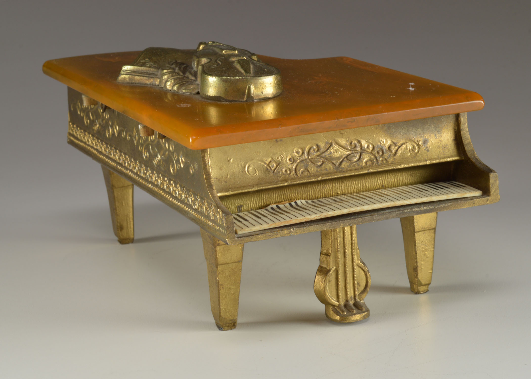 1940s Metal Piano Music Box/Cigarette Case with Bakelite Top