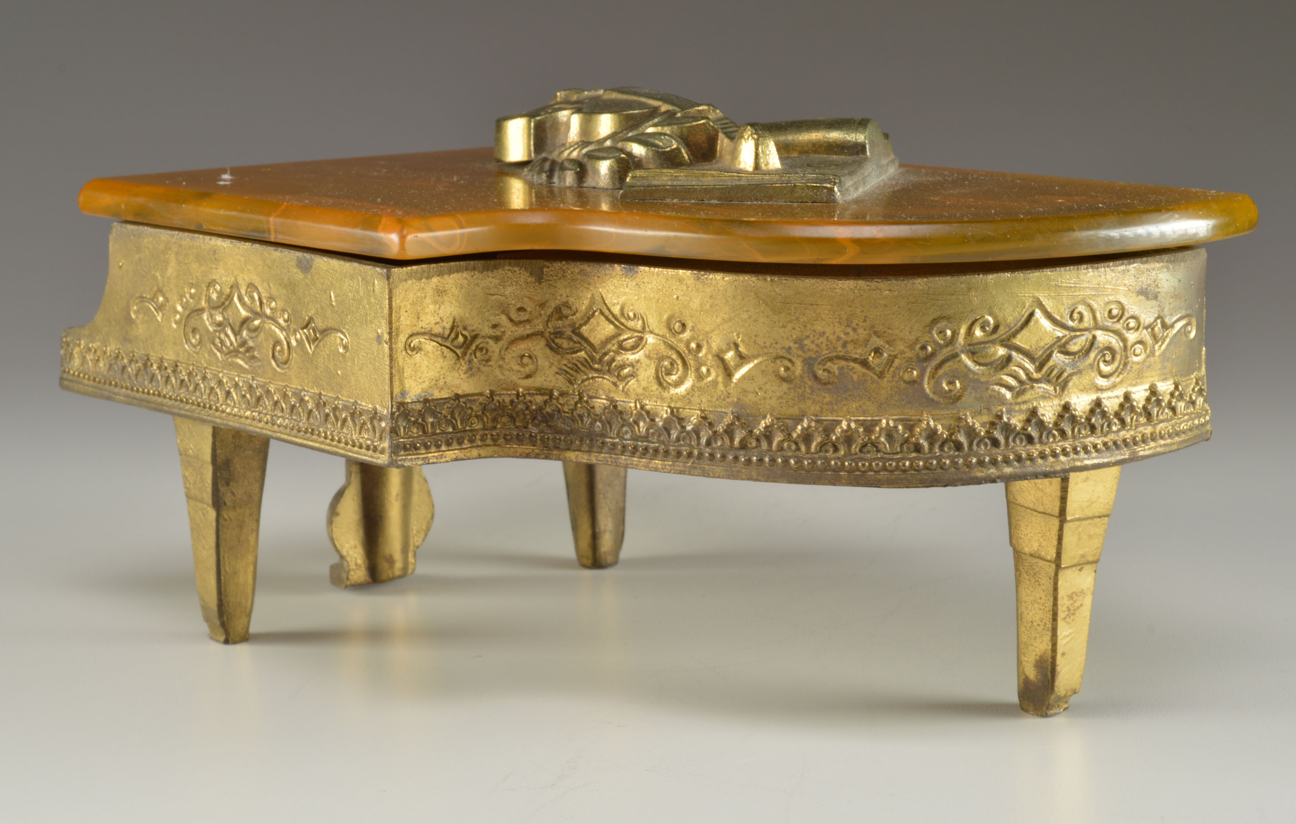 1940s Metal Piano Music Box/Cigarette Case with Bakelite Top