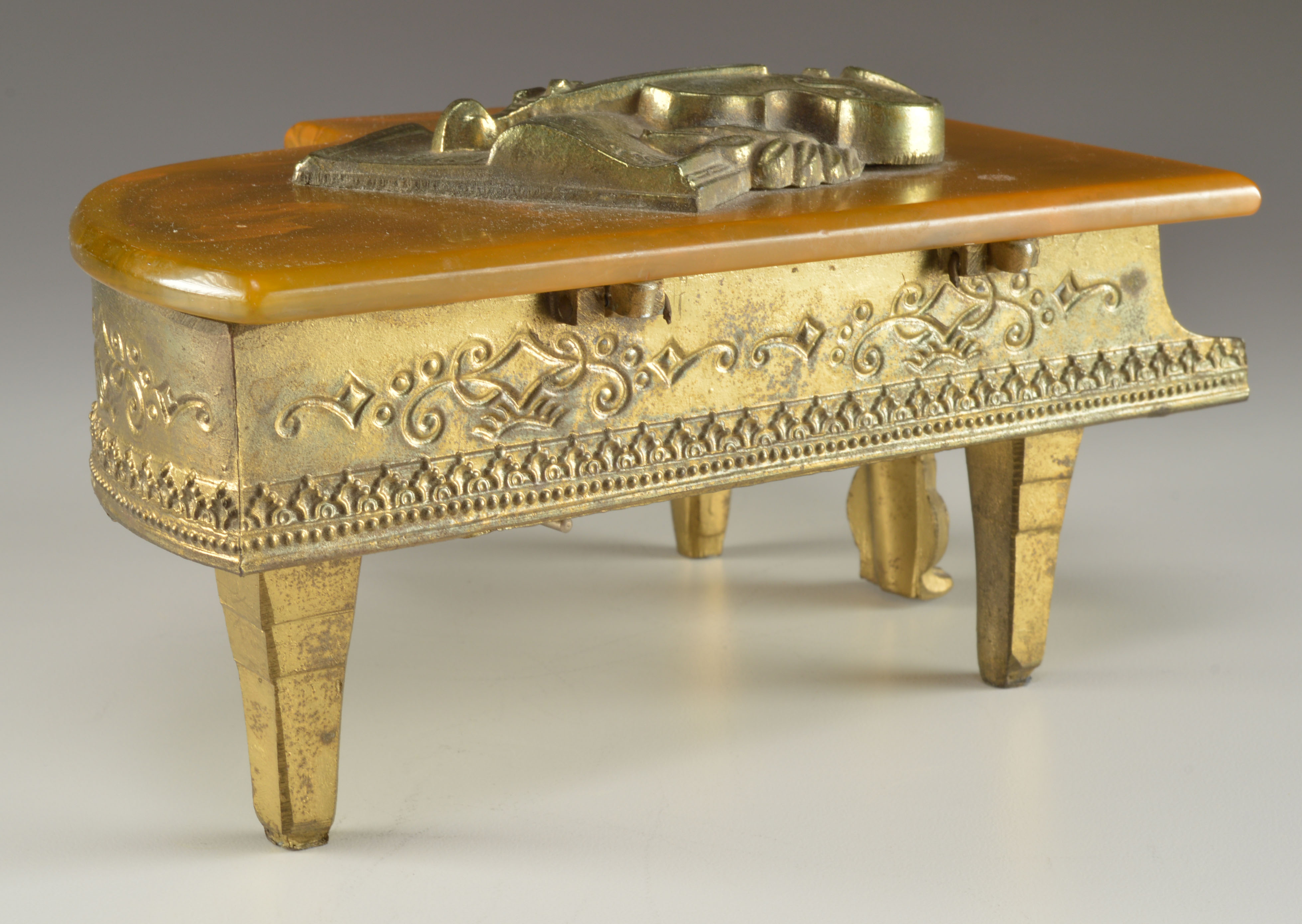 1940s Metal Piano Music Box/Cigarette Case with Bakelite Top