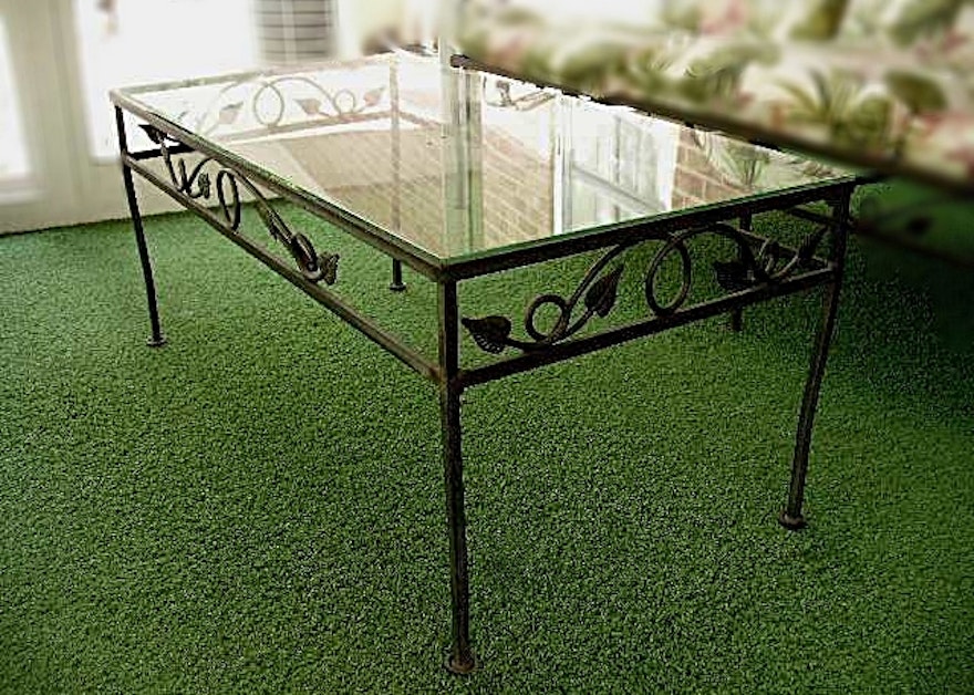 Wrought Iron Patio Coffee Table with Ivy Design and Glass Top