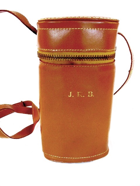 Bar Basket with Liquor Bottle and Leather Flask Holder