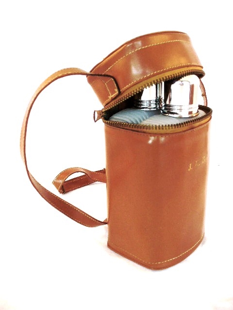 Bar Basket with Liquor Bottle and Leather Flask Holder