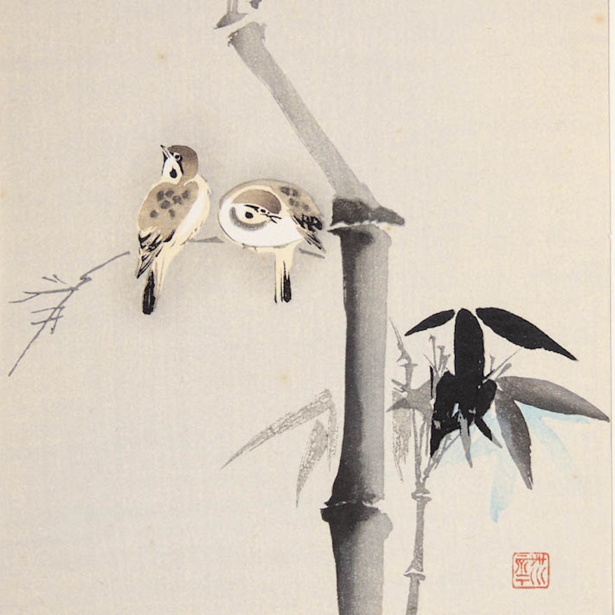 Bamboo with Sparrows Woodblock Print C. Kano