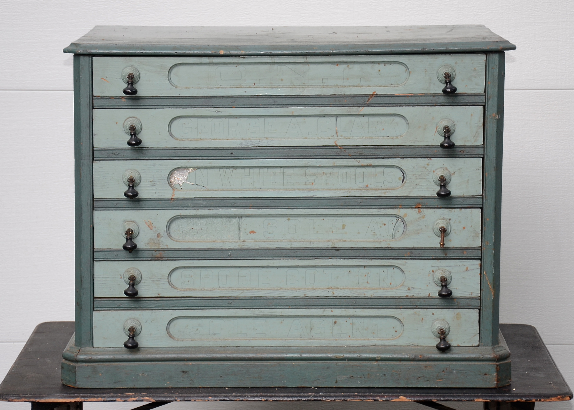 Wonderful Antique Painted Wood Spool Cabinet by George A. Clark