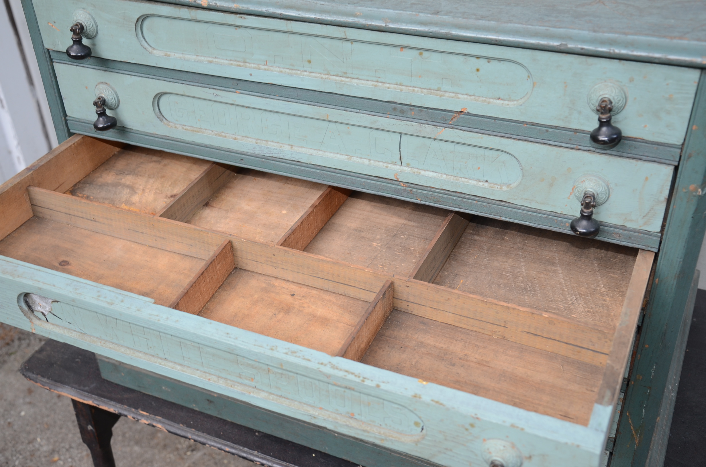 Wonderful Antique Painted Wood Spool Cabinet by George A. Clark