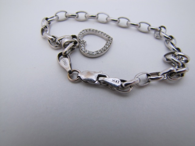 14K White Gold Bracelet with Diamond Heart Charm