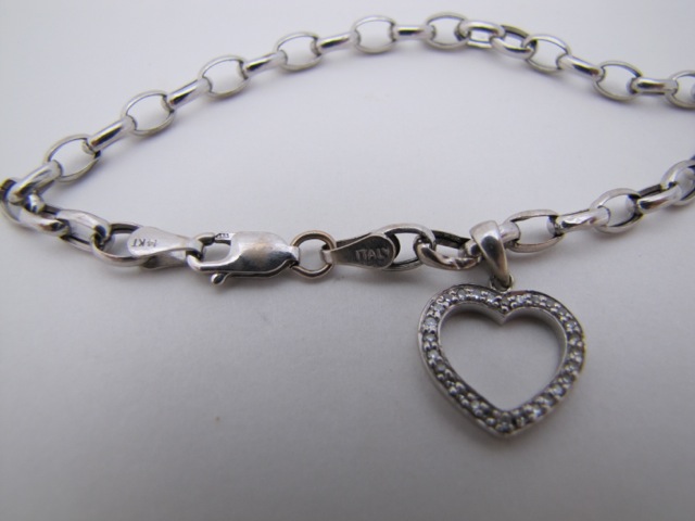 14K White Gold Bracelet with Diamond Heart Charm