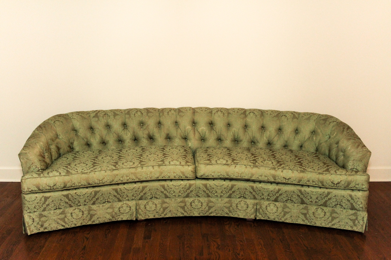 Mid-Century Hickory Fry Curved Green Tufted Couch