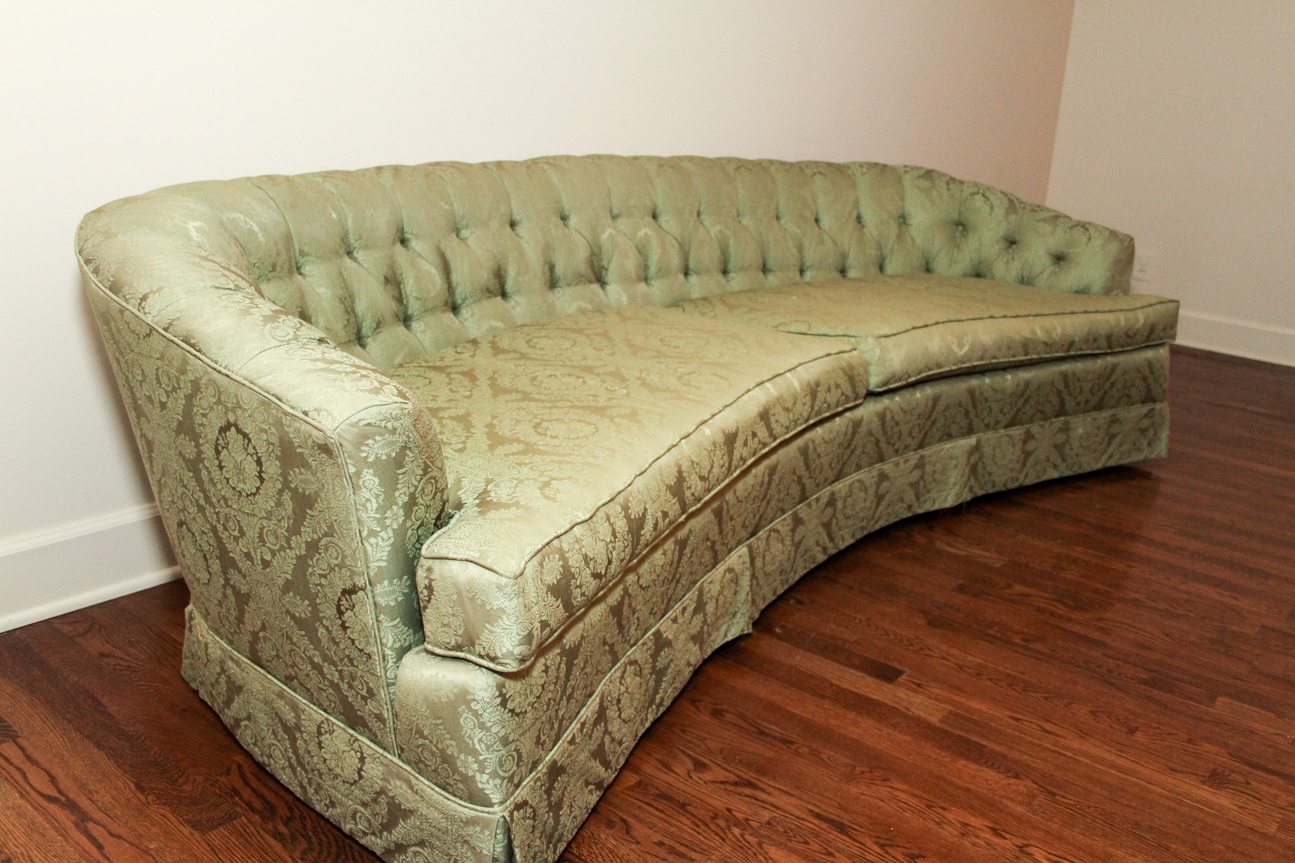 Mid-Century Hickory Fry Curved Green Tufted Couch
