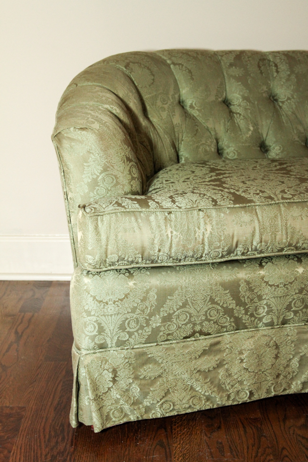 Mid-Century Hickory Fry Curved Green Tufted Couch