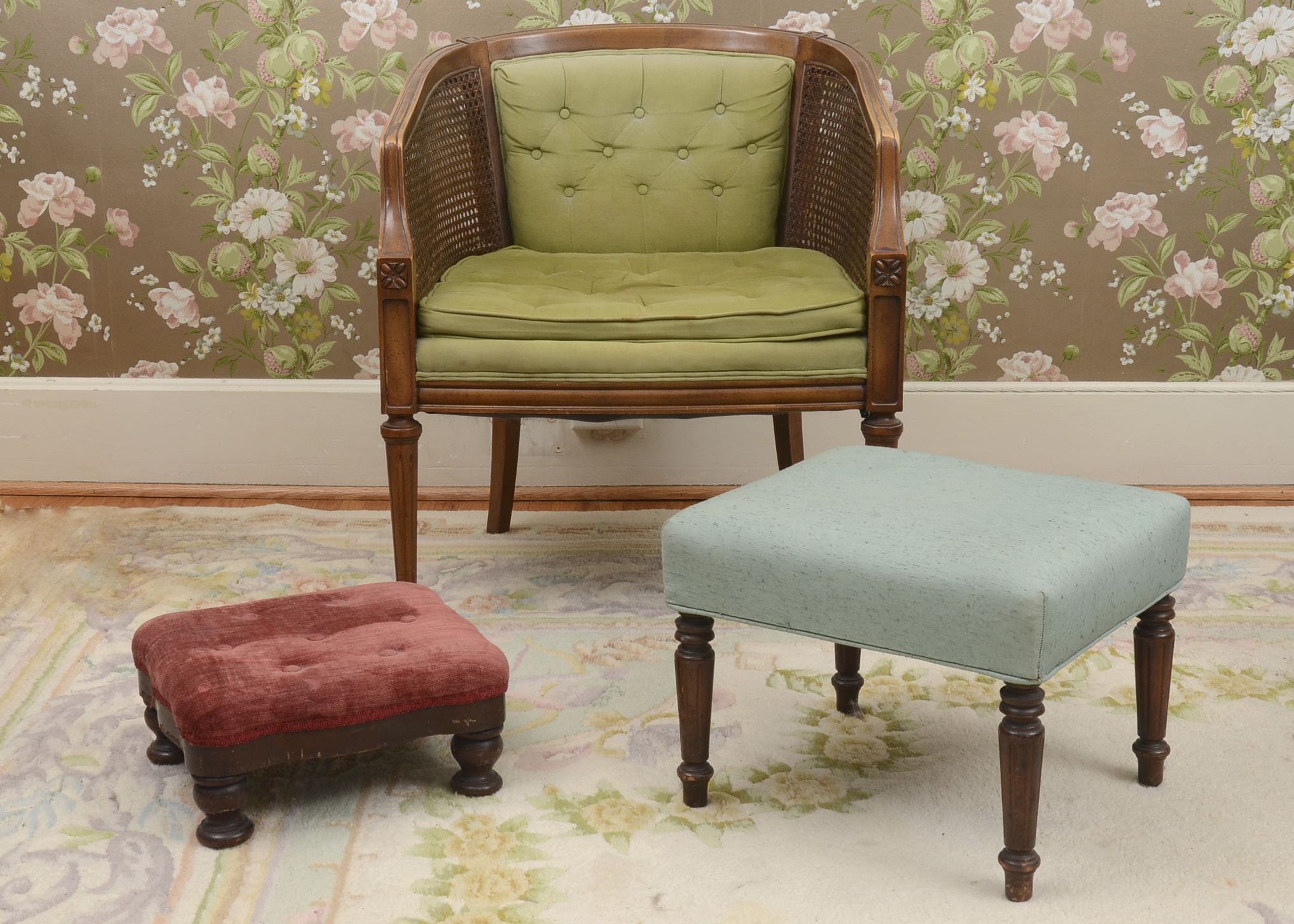 Rattan Side Chair and  Footstools