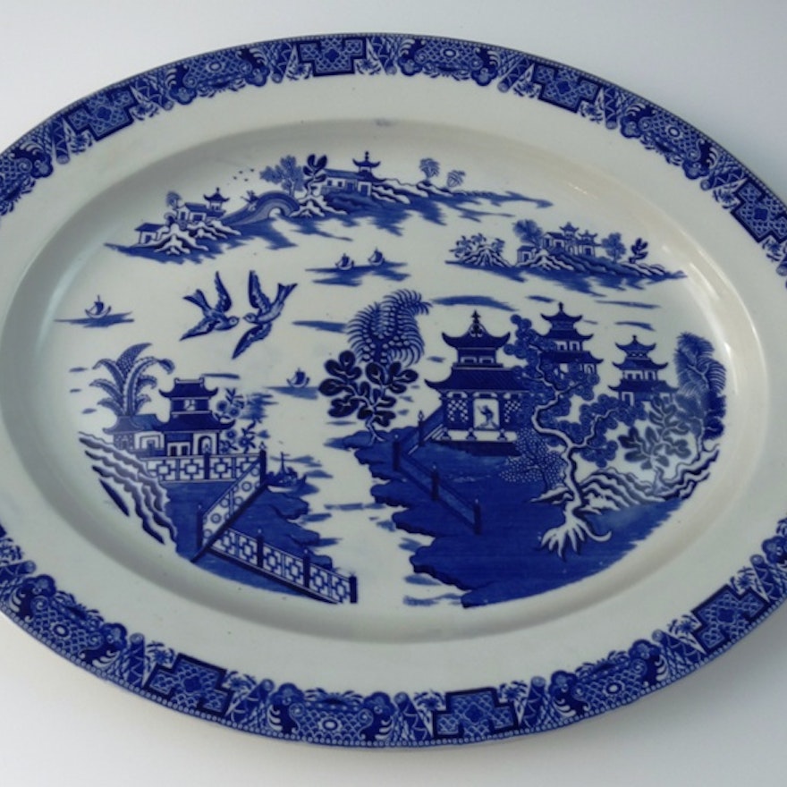 Antique Royal Worcester Vitreous Blue Willow Platter