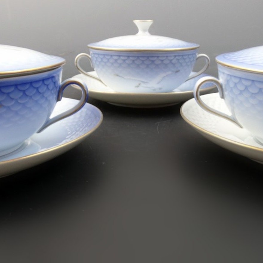 Bing & Grondahl Porcelain "Seagull" Lidded Soup Bowls Set of 12