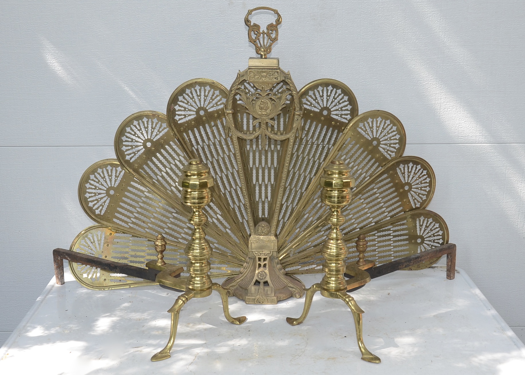 Vintage Fireplace Accessories Including Brass Screen and Andirons