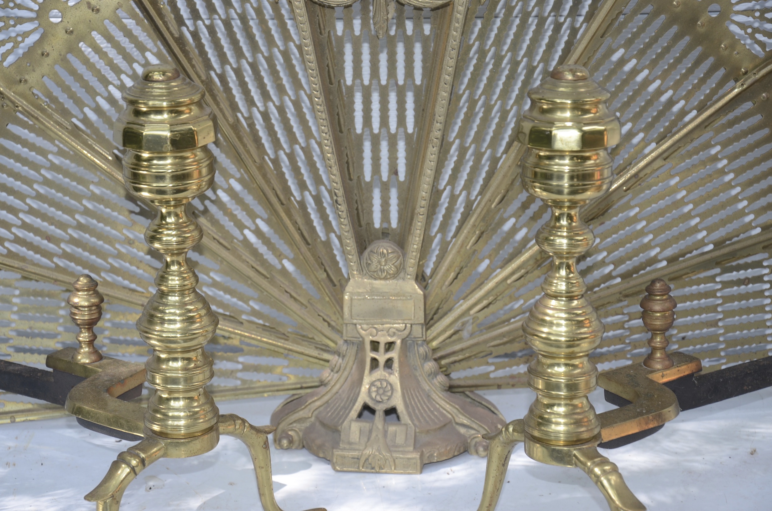 Vintage Fireplace Accessories Including Brass Screen and Andirons