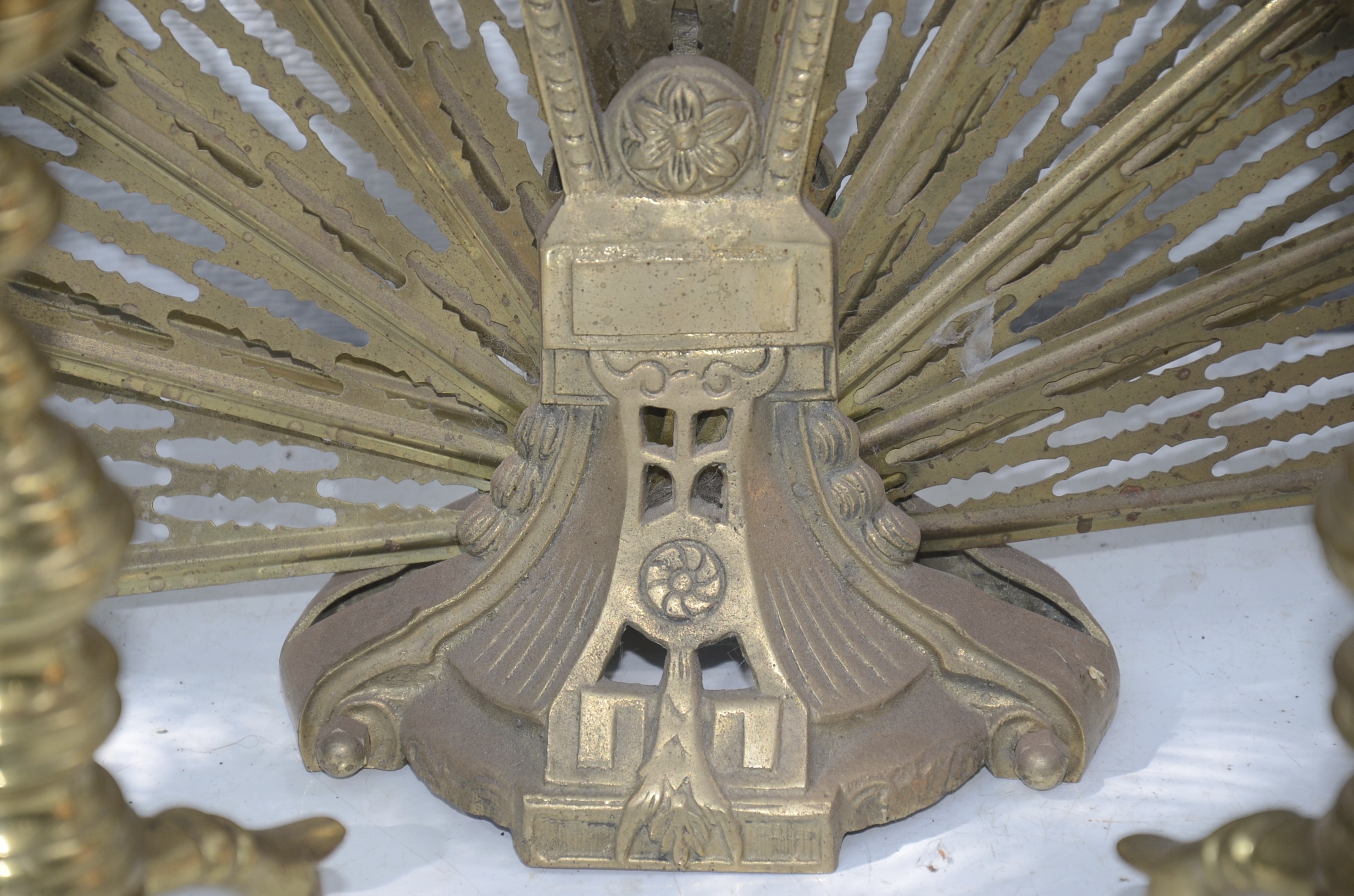 Vintage Fireplace Accessories Including Brass Screen and Andirons