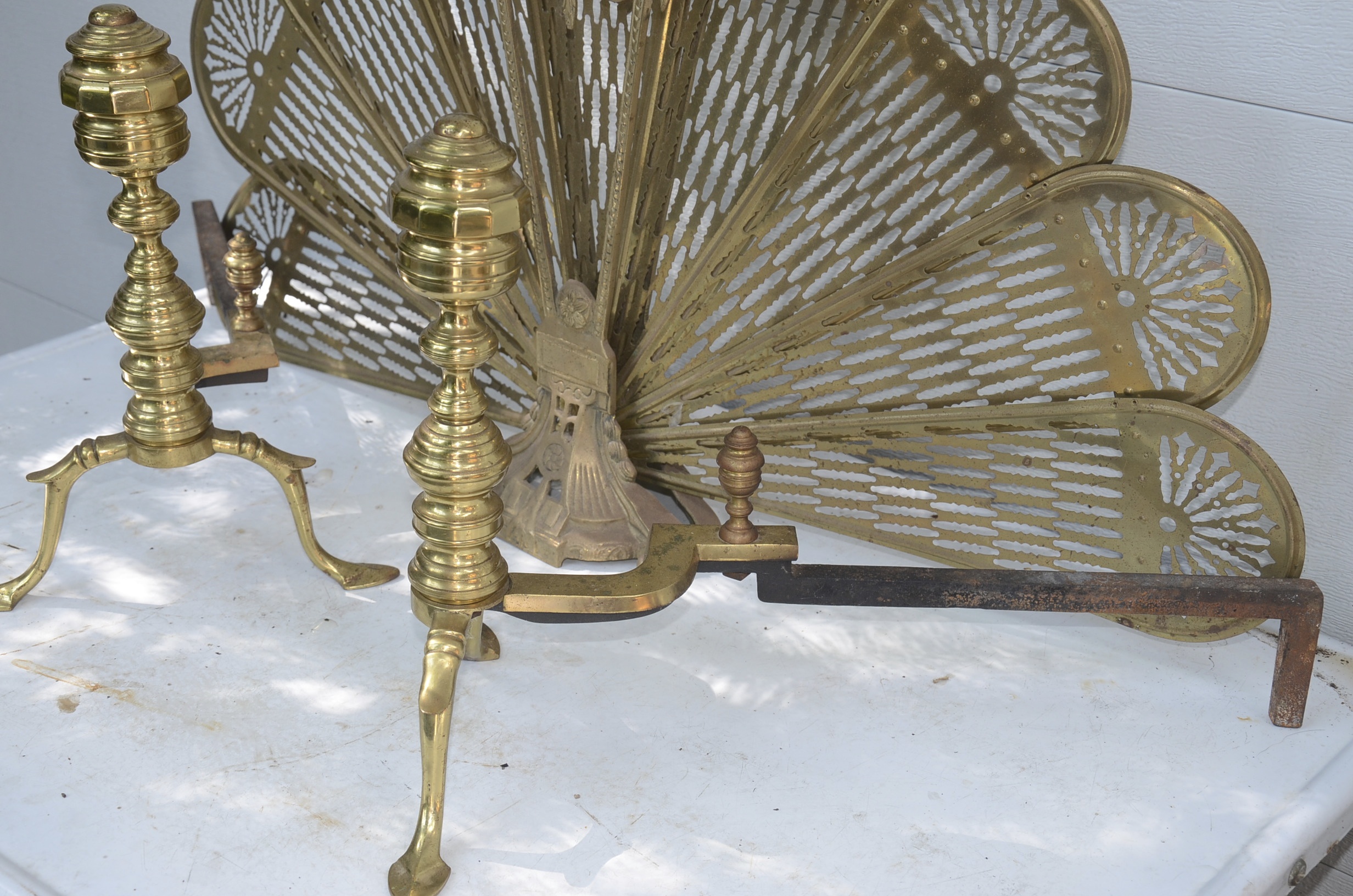 Vintage Fireplace Accessories Including Brass Screen and Andirons