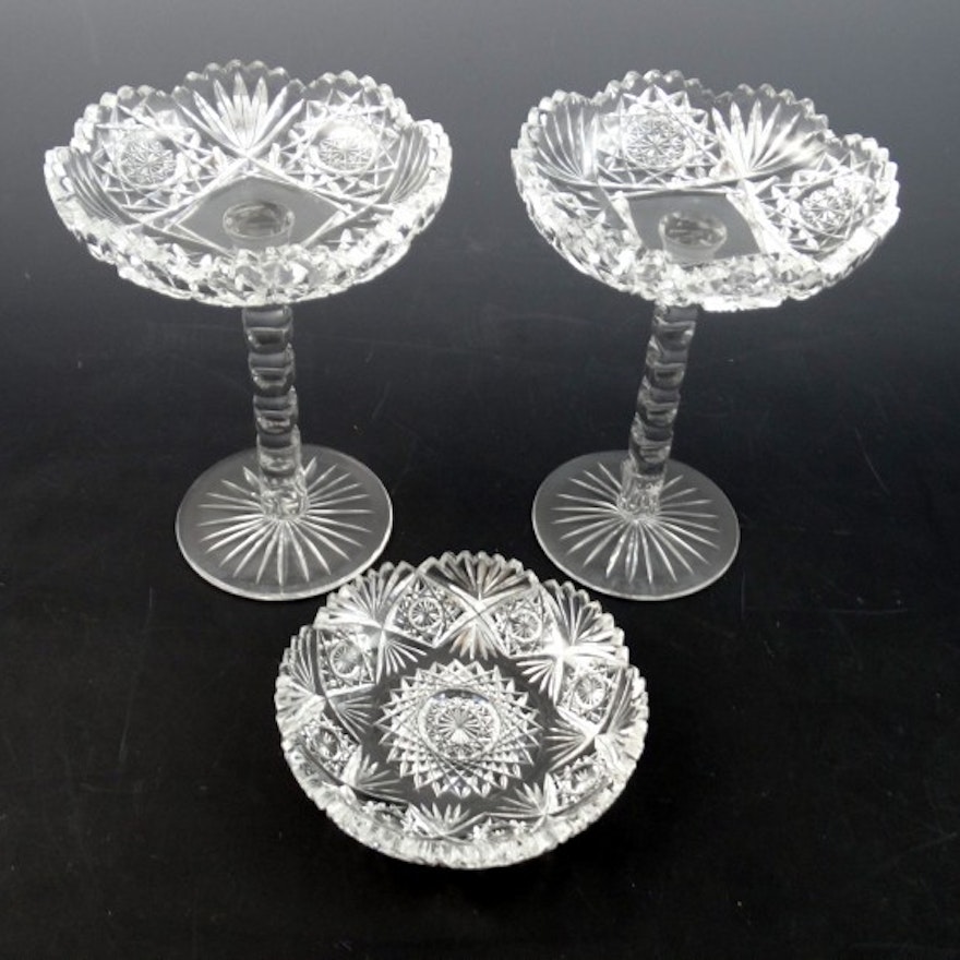 Pair of Brilliant Cut Glass Compotes and Candy Dish