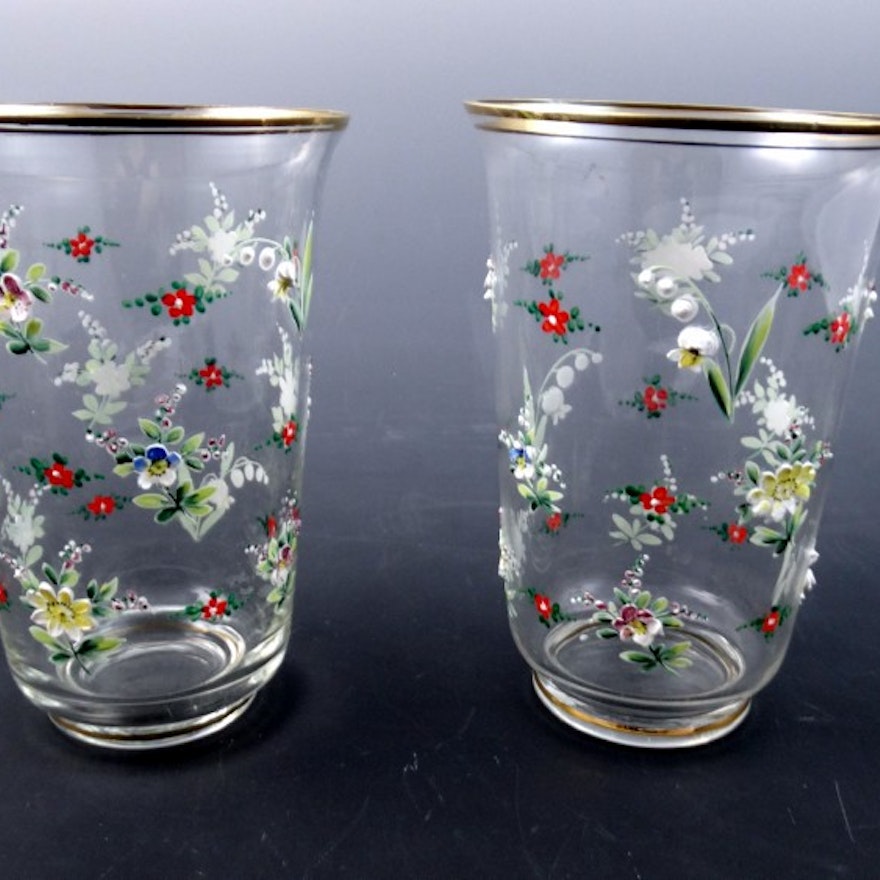 Pair of Vintage Glass Vases with Painted Floral Decoration