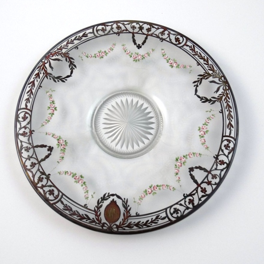 Cut Glass Silver Overlay Glass Platter with Enameled Flowers