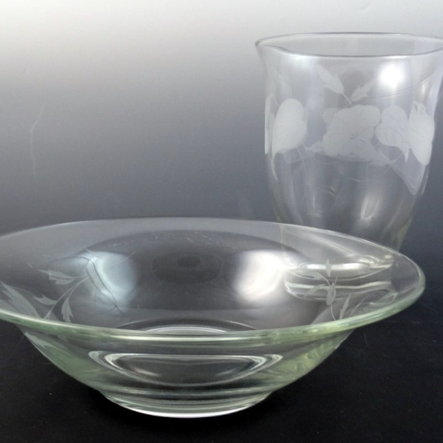 Large Etched Glass Bowl and Vase